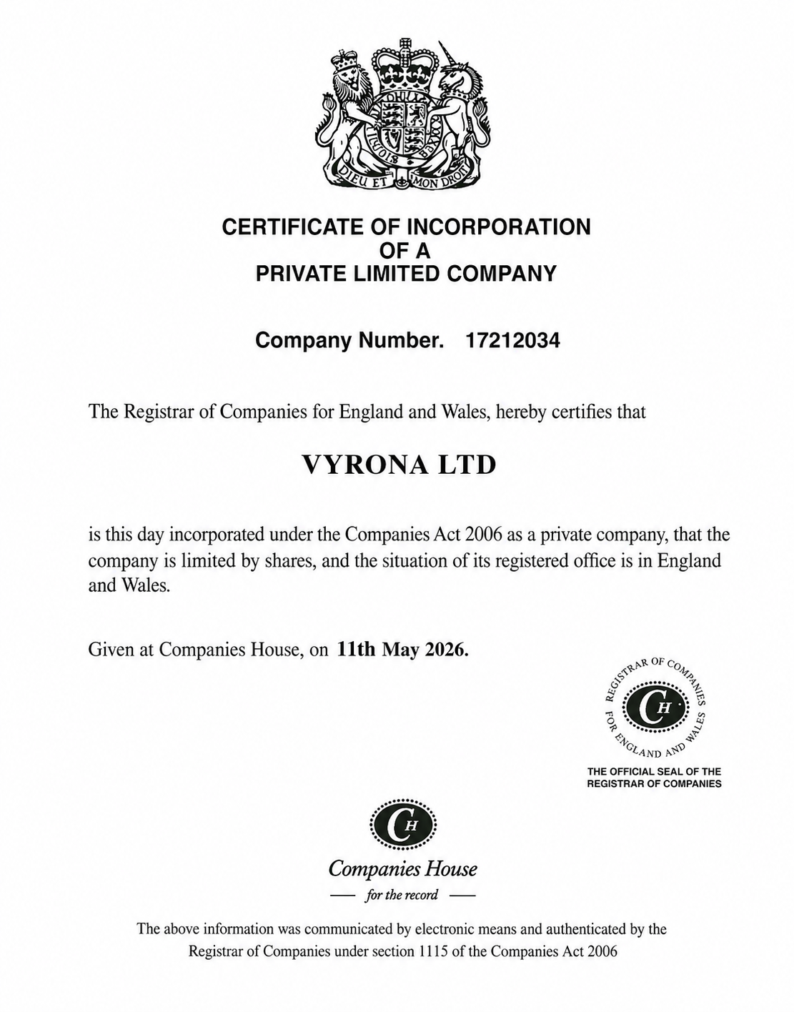 Vyrona AI - Registered in UK Companies House